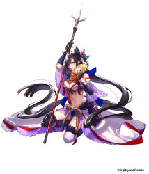 Rule 34 | 1girl, absurdly long hair, absurdres, blonde hair, boots, butterfly hair ornament, chacha (shinobi nightmare), hand fan, full body, hair ornament, highres, holding, holding fan, holding weapon, long hair, looking at viewer, navel, official art, polearm, purple eyes, shinobi nightmare, simple background, smile, solo, spear, thigh boots, thighhighs, very long hair, weapon, white background