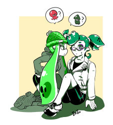 Rule 34 | 1boy, 1girl, arm support, artist name, bike shorts, bobblehat, boots, combat boots, crazy (zoza), cross-laced footwear, fusion, glasses, green hair, green hat, hand in own hair, hat, hood, hoodie, inkling, inkling boy, inkling girl, inkling player character, jacket, kneeling, long hair, long sleeves, mask, nintendo, octoling, octopus, outside border, pointy ears, round eyewear, samurai (zoza), scrunchie, shadow, shirt, shoes, short hair, signature, single vertical stripe, sitting, speech bubble, squid, tentacle hair, topknot, yellow background, zoza