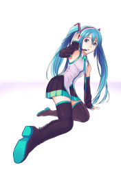 Rule 34 | 1girl, abe (f!mixture), aqua eyes, aqua hair, bad id, bad pixiv id, bare shoulders, boots, detached sleeves, hatsune miku, headset, long hair, miniskirt, necktie, skirt, solo, thigh boots, thighhighs, twintails, vocaloid