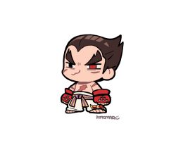 Rule 34 | 1boy, :3, arms at sides, black eyes, black hair, chibi, facial scar, full body, gloves, kotorai, male focus, mishima kazuya, pants, red eyes, red gloves, scar, scar on arm, scar on cheek, scar on chest, scar on face, signature, simple background, solo, studded gloves, tekken, topless male, v-shaped eyebrows, white background, white pants