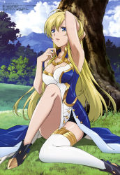Rule 34 | 10s, 1girl, :d, absurdres, arm up, armpits, bare legs, blonde hair, blue eyes, breasts, cleavage, day, field, grass, highres, jeanne kaguya d&#039;arc, knee up, long hair, looking at viewer, medium breasts, megami magazine, nobunaga the fool, official art, ooshima miwa, open mouth, outdoors, parted lips, plant, single thighhigh, smile, solo, thighhighs, tree, white thighhighs