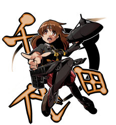 Rule 34 | 10s, 1girl, anchor, brown eyes, brown hair, chiyoda (kancolle), headband, jamir, kantai collection, machinery, open mouth, pantyhose, pointing, solo