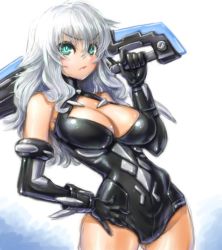 Rule 34 | 1girl, amania orz, angry, aqua eyes, bare shoulders, black heart (neptunia), breasts, choujigen game neptune, cleavage, cowboy shot, elbow gloves, gloves, large breasts, leotard, long hair, looking at viewer, neptune (series), noire (neptunia), silver hair, solo, sword, symbol-shaped pupils, weapon