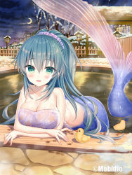 Rule 34 | 1girl, :d, ass, bare tree, blush, breasts, cleavage, cloud, cloudy sky, collarbone, covering privates, crescent moon, crossed arms, green eyes, green hair, large breasts, long hair, looking at viewer, mermaid, monster girl, moon, night, night sky, nude cover, onsen, open mouth, original, outdoors, partially submerged, ponytail, railing, rubber duck, sky, smile, snow, solo, towel, tree, very long hair, water, yuuki rika