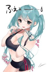Rule 34 | 1girl, @ @, absurdres, alternate costume, anzu (x anzu ill), bare arms, bike shorts, blush, breasts, cleavage, collarbone, colored eyelashes, commentary request, cowboy shot, embarrassed, green hair, hair between eyes, hair intakes, hatsune miku, heart, highres, holding, holding hair, large breasts, long hair, midriff, navel, nervous smile, open mouth, signature, simple background, smile, solo, sound effects, sports bra, standing, sweatdrop, twintails, very long hair, vocaloid, white background