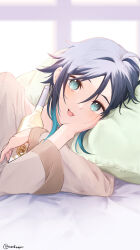Rule 34 | absurdres, alcohol, alternate costume, aqua eyes, aqua hair, bed, black hair, blush, bottle, genshin impact, hair between eyes, highres, holding, holding bottle, long sleeves, looking at viewer, lying, male focus, mashiraion, multicolored hair, on bed, on side, open mouth, pajamas, pillow, solo, trap, twitter username, upper body, venti (genshin impact)