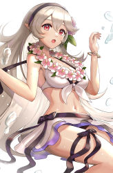 Rule 34 | 1girl, absurdres, bikini, blonde hair, breasts, corrin (female) (fire emblem), corrin (female) (summer) (fire emblem), corrin (fire emblem), fire emblem, fire emblem fates, fire emblem heroes, flower, flower necklace, gonzarez, hair between eyes, hair ornament, hairband, highres, jewelry, lei, long hair, looking at viewer, necklace, nintendo, official alternate costume, pointy ears, red eyes, simple background, slit pupils, smile, solo, swimsuit