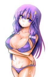 Rule 34 | 1girl, bikini, breast hold, breasts, chestnut mouth, collarbone, crescent, crescent hair ornament, crossed arms, crossed legs, finger gun, freeze-ex, hair ornament, large breasts, long hair, looking at viewer, navel, patchouli knowledge, purple eyes, purple hair, shiny skin, simple background, solo, standing, swimsuit, touhou, wet, white background