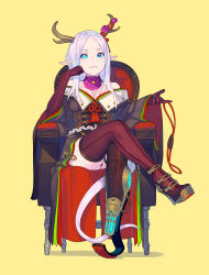 Rule 34 | 1girl, amputee, antlers, arm rest, bare shoulders, blue eyes, breasts, brown gloves, brown thighhighs, cleavage, cloak, closed mouth, crossed legs, elbow gloves, enkyo yuuichirou, flower, gloves, grey hair, highres, horn flower, horns, large breasts, long hair, long sleeves, looking at viewer, mismatched sclera, mole, mole on breast, off shoulder, original, panties, pantyshot, parted bangs, pink flower, pointy ears, prosthesis, prosthetic leg, simple background, sitting, smile, solo, tail, thighhighs, throne, underwear, wide sleeves, yellow background