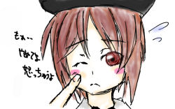 Rule 34 | 00s, 1girl, ;&lt;, blush, brown hair, close-up, flying sweatdrops, frown, heterochromia, one eye closed, red eyes, rozen maiden, simple background, solo, souseiseki, upper body, white background