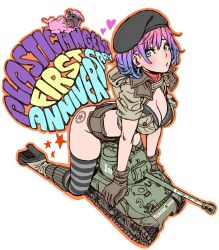 Rule 34 | 1girl, ass, ass tattoo, black panties, blue hair, breasts, brown gloves, cleavage, collar, cropped jacket, dog, full body, gloves, gradient hair, hat, heart, high heels, highres, hood, hooded jacket, jacket, large breasts, m4 sherman, midriff, military, military vehicle, motor vehicle, multicolored hair, panties, pink hair, pink lips, plastic angels, pouty lips, pug, solo, tank, tattoo, thighhighs, underwear, yamashita shun&#039;ya