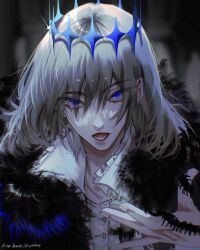 Rule 34 | 1boy, absurdres, arthropod boy, blue eyes, bug, cape, centipede, collared shirt, crown, diamond hairband, fate/grand order, fate (series), fur-trimmed cape, fur trim, grey hair, highres, insect on finger, looking at viewer, maidhao, male focus, medium hair, oberon (fate), oberon (third ascension) (fate), shirt, signature, solo, upper body, white shirt