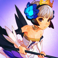 Rule 34 | 1girl, armpits, bare shoulders, blunt bangs, breasts, cleavage, collarbone, crown, detached sleeves, dress, expressionless, flower, gradient background, grey hair, gwendolyn (odin sphere), hair flower, hair ornament, hairband, holding, holding staff, ilya kuvshinov, long sleeves, looking at viewer, odin sphere, purple background, purple eyes, rod, short hair, simple background, small breasts, solo, staff, strapless, strapless dress, tiara, upper body, white dress, wings