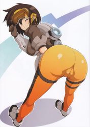 Rule 34 | 1girl, ;), absurdres, ass, ass focus, bent over, blue theme, blush, bodysuit, brown eyes, brown hair, cameltoe, closed mouth, cosplay, eyewear on head, full body, gloves, goggles, hairband, haruhisky, highres, huge filesize, looking at viewer, looking back, one eye closed, overwatch, overwatch 1, scan, shadow, shiny clothes, shoes, short hair, simple background, skin tight, smile, solo, standing, suzumiya haruhi, suzumiya haruhi no yuuutsu, thumbs up, tracer (overwatch), tracer (overwatch) (cosplay), white background, yellow bodysuit