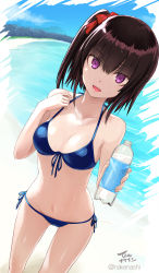 Rule 34 | 1girl, :d, bare arms, bare shoulders, beach, bikini, black hair, blue bikini, bottle, bow, breasts, day, front-tie bikini top, front-tie top, groin, hair bow, halterneck, halterneck, hand up, highres, holding, holding bottle, looking at viewer, medium hair, navel, one side up, open mouth, original, outdoors, purple eyes, side-tie bikini bottom, small breasts, smile, solo, standing, stomach, string bikini, swimsuit, tea (nakenashi), thighs, water, wet