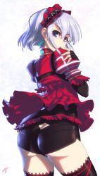 Rule 34 | 10s, 1girl, ass, ass cutout, back, black gloves, black thighhighs, blue eyes, bodysuit, butt crack, chaika bogdan, clothing cutout, dress, earrings, fingerless gloves, flower, from behind, gloves, gothic lolita, hairband, headdress, hell machina, highres, hitsugi no chaika, jewelry, lolita fashion, lolita hairband, long sleeves, looking at viewer, looking back, pantylines, puffy sleeves, red flower, red rose, rose, shiny clothes, shiny skin, short hair, shorts, silver hair, simple background, solo, thighhighs, thighs, white background