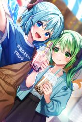 Rule 34 | 2girls, alternate costume, black skirt, blue bow, blue eyes, blue hair, blue jacket, blue shirt, blush, bow, bubble tea, cirno, closed mouth, daiyousei, drink, drinking straw, fairy, fairy wings, green eyes, green hair, hair bow, highres, holding, holding drink, ice, ice wings, jacket, long hair, multiple girls, nora wanko, open clothes, open jacket, open mouth, shirt, short hair, side ponytail, skirt, smile, touhou, white shirt, wings