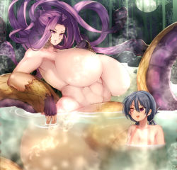 Rule 34 | 2girls, abs, breasts, fate/grand order, fate (series), gorgon (fate), heterochromia, huge breasts, long hair, medusa (fate), medusa (rider) (fate), mochizuki chiyome (fate), monster girl, multiple girls, onsen, purple eyes, purple hair, rider, scales, sekiyu (spartan), size difference, steam, very long hair