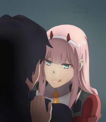 Rule 34 | 10s, 1boy, 1girl, azanishi, black hair, couple, darling in the franxx, fringe trim, green eyes, hair ornament, hairband, hand on another&#039;s shoulder, hetero, highres, hiro (darling in the franxx), horns, lipstick, long hair, looking at another, makeup, military, military uniform, necktie, oni horns, orange neckwear, pink hair, red horns, short hair, uniform, white hairband, zero two (darling in the franxx)