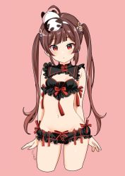 Rule 34 | 1girl, :o, ahoge, arms at sides, azur lane, bare shoulders, black bra, black panties, blunt bangs, bra, breasts, brown hair, cropped legs, frilled bra, frilled panties, frills, hairband, highres, long hair, looking at viewer, mojarin (kihara mojarin), navel, panties, parted lips, ping hai (azur lane), pink background, red eyes, sidelocks, signature, simple background, small breasts, solo, stomach, tassel, twintails, underwear, underwear only, white hairband