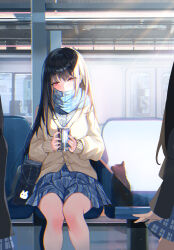 Rule 34 | 1girl, absurdres, black cat, black hair, blue bag, blue scarf, blue skirt, blush, cat, choc, covered mouth, cowboy shot, day, hair over shoulder, highres, holding, light particles, long hair, long sleeves, looking at viewer, looking away, on bench, original, outdoors, people, pleated skirt, red eyes, scarf, school uniform, shirt, sidelocks, sitting, skirt, solo focus, sunlight, sweater, train station platform, uniform, white shirt, window, winter, yellow sweater