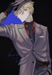 Rule 34 | 1boy, black background, black gloves, black necktie, blonde hair, blue eyes, character name, closed mouth, collared shirt, fedora, formal, gloves, grey hat, grey jacket, grey pants, grey suit, hand in pocket, hand on headwear, hat, highres, holostars, jacket, kishido temma, looking to the side, male focus, momiage 40, necktie, official alternate costume, pants, parted bangs, pocket square, profile, red shirt, shirt, short hair, simple background, solo, suit, suspenders, tie clip, upper body, virtual youtuber
