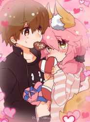 Rule 34 | 1boy, 1girl, animal ear fluff, animal ears, artist name, black coat, black hairband, black shirt, blush, box, breasts, brown eyes, brown hair, chocolate, closed mouth, coat, collarbone, commentary request, fate/extra, fate/extra ccc, fate (series), fox ears, fox girl, fox tail, hair between eyes, hairband, heart, heart-shaped box, hetero, holding, holding box, hood, hoodie, kishinami hakuno (male), large breasts, long hair, looking at another, osakana (rrg0123), pink hair, pink hoodie, shirt, sweat, tail, tamamo (fate), tamamo no mae (fate/extra), tamamo no mae (spring casual) (fate), tsukumihara academy uniform (fate/extra ccc), twitter username, upper body, valentine, yellow eyes