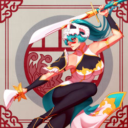 Rule 34 | 1girl, absurdres, alternate costume, alternate hairstyle, black footwear, black leggings, bleach, boots, bracer, breasts, china dress, chinese clothes, dao (weapon), dress, dual wielding, facial mark, green hair, grey eyes, highres, holding, holding sword, holding weapon, huge filesize, large breasts, leggings, long hair, nelliel tu odelschwanck, ponytail, skull on head, sleeveless, sleeveless dress, solo, sword, tsukizawr, very long hair, weapon, white dress