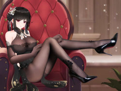 Rule 34 | 1girl, absurdres, azur lane, bare shoulders, black dress, black flower, black footwear, black hair, black pantyhose, black rose, blurry, blurry background, bodysuit, breasts, chair, chen hai (azur lane), chen hai (vestibule of wonders) (azur lane), china dress, chinese clothes, christian louboutin (brand), cleavage, commentary request, crossed legs, detached sleeves, dress, elbow gloves, flower, full body, gloves, gold trim, hair flower, hair ornament, high heels, highres, knees together feet apart, lace, lace-trimmed dress, lace trim, large breasts, louboutins, official alternate costume, pantyhose, pinup (style), red eyes, red soles, rose, shoes, sidelocks, sitting, solo, sym., thighs