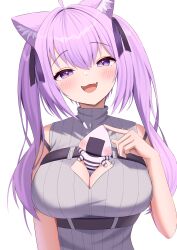 Rule 34 | 1girl, absurdres, ahoge, animal ear fluff, animal ears, between breasts, black shirt, blush, breasts, cat ears, cat girl, chest harness, cleavage, cleavage cutout, clothing cutout, fang, hair ribbon, harness, highres, hololive, kumoru (kumoru 145), large breasts, long hair, looking at viewer, nekomata okayu, nekomata okayu (8th costume), official alternate costume, open mouth, purple eyes, purple hair, purple ribbon, ribbon, shirt, skin fang, sleeveless, sleeveless shirt, smile, virtual youtuber, white background