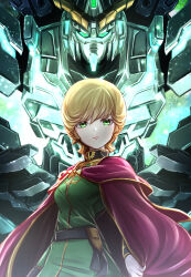 Rule 34 | 1girl, absurdres, belt, black belt, blonde hair, cape, closed mouth, gloves, glowing, green eyes, green jacket, gundam, gundam unicorn, hair between eyes, high collar, highres, holding, holding cape, holding clothes, jacket, kawazuya0096, light particles, long sleeves, looking at viewer, mecha, military uniform, mineva lao zabi, mobile suit, nt-d, purple cape, robot, serious, short hair, sky, solo, space, standing, star (sky), starry sky, unicorn gundam, uniform, upper body, v-fin, white gloves