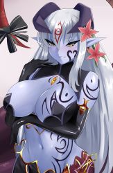 Rule 34 | 1girl, alipheese fateburn xvi, bare shoulders, black gloves, blue skin, blush, bow, breast tattoo, breasts, colored skin, demon horns, earrings, elbow gloves, facial tattoo, flower, gloves, grey hair, hair between eyes, hair flower, hair ornament, highres, horns, jewelry, lamia, large breasts, long hair, mon-musu quest!, monster girl, navel, pointy ears, ringed eyes, sana!rpg, sidelocks, solo, tail, tail bow, tail ornament, tattoo, yellow eyes