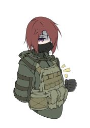 Rule 34 | 1girl, anger vein, armedshipyard, breast conscious, brown hair, clenched hand, escape from tarkov, flat chest, hair over one eye, load bearing vest, looking at viewer, mask, military, purple eyes, short hair, solo, white background
