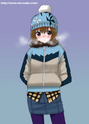 Rule 34 | 1girl, beanie, black pantyhose, blush, breath, brown eyes, brown hair, coat, cold, contrapposto, cowboy shot, email address, grey background, hands in pockets, hat, jacket, long sleeves, looking at viewer, mattaku mousuke, miniskirt, original, pantyhose, pom pom (clothes), purple pantyhose, simple background, skirt, solo, standing, winter clothes, winter coat, zipper