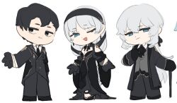 Rule 34 | 1girl, 2boys, angelica (project moon), argalia (project moon), ascot, black ascot, black coat, black dress, black eyes, black gloves, black hair, black hairband, black necktie, black pants, brother and sister, cane, chibi, coat, dress, evening gown, formal, gloves, hairband, husband and wife, library of ruina, long hair, looking at viewer, low ponytail, multiple boys, necktie, one eye closed, open mouth, pants, project moon, roland (project moon), shanhujiao, siblings, simple background, smile, white background, white hair