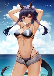 Rule 34 | 1girl, absurdres, arknights, armpits, arms behind head, arms up, bare arms, bikini, blue bikini, blue hair, blue sky, blush, breasts, ch&#039;en (arknights), ch&#039;en the holungday (arknights), ch&#039;en the holungday (elite ii) (arknights), cleavage, cloud, commentary, cowboy shot, day, dragon horns, dragon tail, english commentary, front-tie bikini top, front-tie top, grey shorts, highres, horns, large breasts, long hair, looking at viewer, micro shorts, navel, ocean, official alternate hairstyle, open fly, outdoors, rayleigh scale, red eyes, shorts, sky, solo, standing, stomach, swimsuit, tail, thighs, water