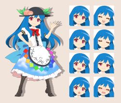 Rule 34 | 1girl, 4rion, absurdres, apron, back bow, black footwear, black hat, blue bow, blue hair, blue skirt, blush, boots, bow, bowtie, center frills, closed eyes, closed mouth, cloud print, collared shirt, cross-laced footwear, expressions, frilled skirt, frills, full body, grey background, hat, highres, hinanawi tenshi, leaf hat ornament, long hair, multiple views, open mouth, peach hat ornament, puffy short sleeves, puffy sleeves, rainbow order, red bow, red bowtie, red eyes, shirt, short sleeves, simple background, skirt, sky print, standing, tachi-e, touhou, unworn hat, unworn headwear, very long hair, waist apron, waist bow, waving, white apron, white shirt