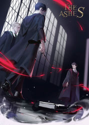 Rule 34 | 3boys, absurdres, arms at sides, black coat, black footwear, black hair, black pants, blonde hair, book, brown hair, coat, draco malfoy, dutch angle, fighting stance, from below, glasses, green necktie, gryffindor, harry potter (series), harry potter and the chamber of secrets, highres, hogwarts school uniform, holding, holding wand, hood, hood down, hooded coat, indoors, long sleeves, looking at another, looking away, looking to the side, magic, male focus, meerajebt, multiple boys, necktie, night, night sky, open clothes, open coat, pants, red necktie, school uniform, shoe soles, shoes, short hair, sky, slytherin, standing, tile floor, tiles, tom marvolo riddle, walking, wand, wide sleeves, window, wizarding world