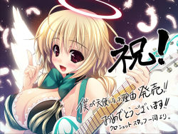 Rule 34 | 1girl, :d, aine (boku ga tenshi ni natta wake), angel, angel wings, blonde hair, boku ga tenshi ni natta wake, bow, breasts, cleavage, detached collar, feathers, frills, guitar, halo, index finger raised, instrument, large breasts, low twintails, open mouth, shintarou, smile, solo, twintails, wings