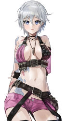 Rule 34 | 1girl, anastasia (idolmaster), arms behind back, bare shoulders, black gloves, blue eyes, breasts, breasts apart, cartridge, choker, collarbone, contrapposto, cosplay, cowboy shot, eyelashes, fingerless gloves, gloves, grey eyes, highres, idolmaster, idolmaster cinderella girls, jewelry, jinx (league of legends), jinx (league of legends) (cosplay), league of legends, midriff, modare, navel, necklace, parted lips, short shorts, shorts, simple background, solo, standing, tattoo, thighhighs, tsurime, uesaka sumire, voice actor connection, white background