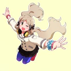 Rule 34 | beige jacket, billbung, black bow, black skirt, blue pantyhose, bow, bracelet, eyebrows hidden by hair, hair bow, handa roco, headphones, headphones around neck, highres, idolmaster, idolmaster million live!, jewelry, jumping, layered skirt, light brown hair, long hair, one eye closed, outstretched arms, pantyhose, pearl bracelet, polka dot, polka dot bow, red footwear, scrunchie, skirt, solo, spread arms, wrist scrunchie, yellow background, yellow eyes