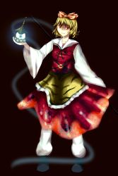 Rule 34 | 1girl, animal print, blonde hair, dress, female focus, full body, juriesute, lantern, red dress, red eyes, simple background, solo, tiger print, toramaru shou, touhou