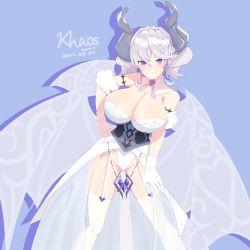 Rule 34 | 1girl, backdrop, breasts, cameltoe, corset, cowboy shot, dated, demon girl, demon horns, dress, duel monster, gloves, highres, horns, huge breasts, khaos (kamimaetokito), lovely labrynth of the silver castle, leaning forward, leotard, leotard under clothes, looking at viewer, low wings, multiple wings, purple eyes, signature, simple background, sleeveless, sleeveless dress, solo, thighhighs, twintails, white dress, white hair, white wings, wings, yu-gi-oh!, zettai ryouiki