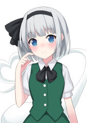 Rule 34 | 1girl, black bow, black bowtie, black hairband, black ribbon, blue eyes, blush, bow, bowtie, breasts, buttons, closed mouth, collared shirt, commentary request, dress, ghost, gradient hair, green dress, grey hair, hairband, hand up, heart, hitodama, konpaku youmu, konpaku youmu (ghost), looking to the side, medium breasts, multicolored hair, myon (phrase), puffy short sleeves, puffy sleeves, ribbon, shirt, short hair, short sleeves, simple background, solo, suzuno naru, touhou, white background, white shirt