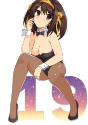 Rule 34 | 1girl, bare shoulders, black footwear, blush, breasts, brown eyes, brown hair, cleavage, commentary request, detached collar, full body, hair ornament, hairband, hand up, haruhisky, high heels, highres, leotard, medium breasts, pantyhose, playboy bunny, rabbit tail, shiny clothes, shiny skin, short hair, simple background, sitting, solo, strapless, strapless leotard, suzumiya haruhi, suzumiya haruhi no yuuutsu, tail, wrist cuffs