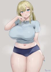 Rule 34 | 1girl, :o, arm at side, aymusk, black buruma, blonde hair, blue eyes, blush, breasts, buruma, cowboy shot, curvy, freckles, freckles-chan (aymusk), grey background, grey shirt, hair ornament, hairclip, highres, huge breasts, impossible clothes, impossible shirt, large breasts, long hair, looking at viewer, nail polish, navel, open mouth, original, plump, shirt, sidelocks, simple background, solo, standing, sweat, taut clothes, taut shirt, thick eyebrows, thick thighs, thighs, wide hips