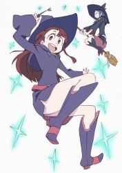 Rule 34 | 10s, 2girls, arai hiroki, boots, broom, broom riding, brown eyes, brown hair, flying, glasses, hat, highres, kagari atsuko, knee boots, little witch academia, long hair, looking at viewer, multiple girls, opaque glasses, ponytail, school uniform, simple background, smile, sparkle, uniform, ursula callistis, wand, white background, witch, witch hat