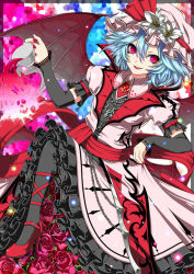 Rule 34 | 1girl, blue hair, chain, cup, dress, female focus, flower, frills, fuji hyorone, hat, hat flower, high heels, koumajou densetsu, lace, lily (flower), nail polish, pantyhose, petticoat, red eyes, remilia scarlet, rose, shoes, sleeves past wrists, solo, spilling, tea, teacup, touhou