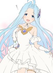 Rule 34 | 1girl, :d, ahoge, bare shoulders, blue eyes, blue hair, breasts, chest jewel, collarbone, dress, fingerless gloves, floating hair, gloves, granblue fantasy, hair ornament, kiikii (kitsukedokoro), long hair, looking at viewer, lyria (granblue fantasy), open mouth, small breasts, smile, solo, straight hair, teeth, thighlet, translation request, upper teeth only, very long hair, white dress, white gloves