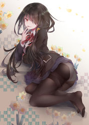 Rule 34 | 1girl, :d, arm under breasts, ass, black hair, black jacket, black pantyhose, blazer, blue skirt, breasts, commentary request, date a live, fingers to mouth, flower, full body, hair over one eye, heterochromia, highres, jacket, legs, long hair, looking at viewer, lying, medium breasts, no shoes, on side, open mouth, panties, panties under pantyhose, pantyhose, pleated skirt, red eyes, school uniform, shirt, skirt, smile, solo, thighs, tokisaki kurumi, twintails, underwear, upskirt, very long hair, white panties, white shirt, yellow eyes, yue (lov n n)